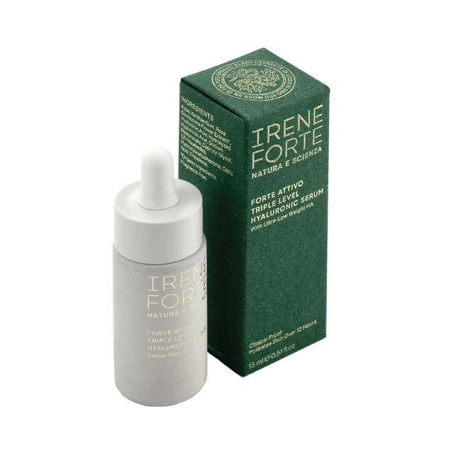 Packaging and bottle of Triple Level Hyaluronic Serum by Irene Forte