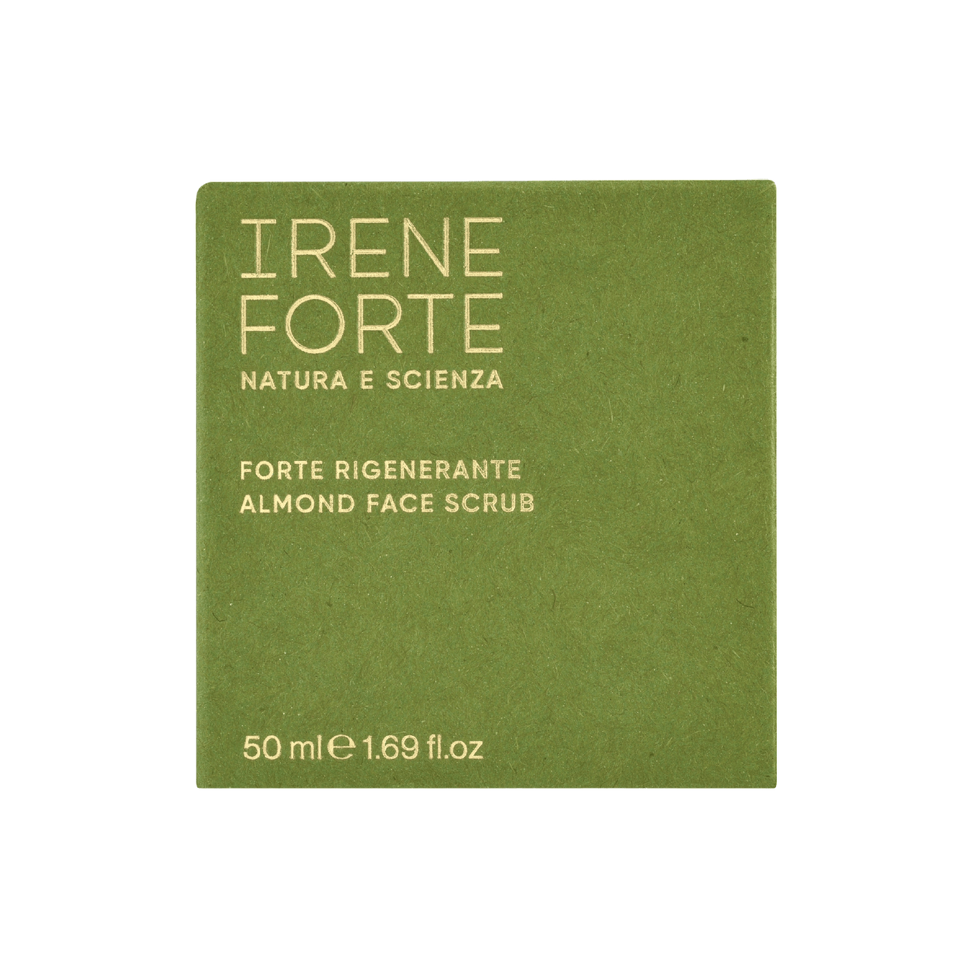 Close-up of Irene Forte's Almond Face Scrub green packaging