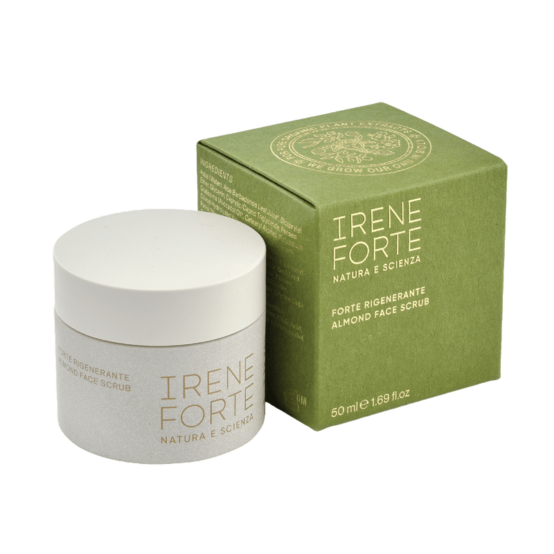 Irene's Forte Almond Face Scrub in green matte luxurious packaging