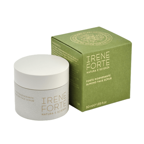 Irene's Forte Almond Face Scrub in green matte luxurious packaging