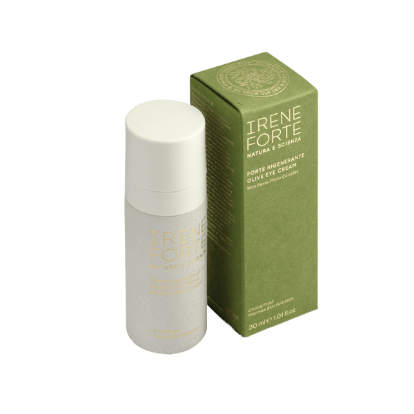 Green packaging with Irene Forte Eye Cream infused with olive oil extracts