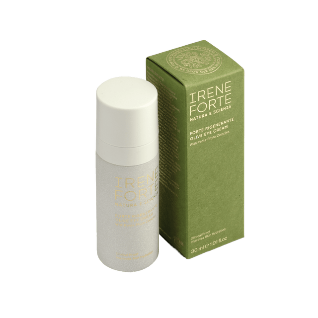 Green packaging with Irene Forte Eye Cream infused with olive oil extracts