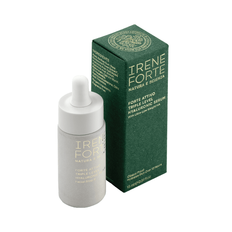Packaging and bottle of Triple Level Hyaluronic Serum by Irene Forte 