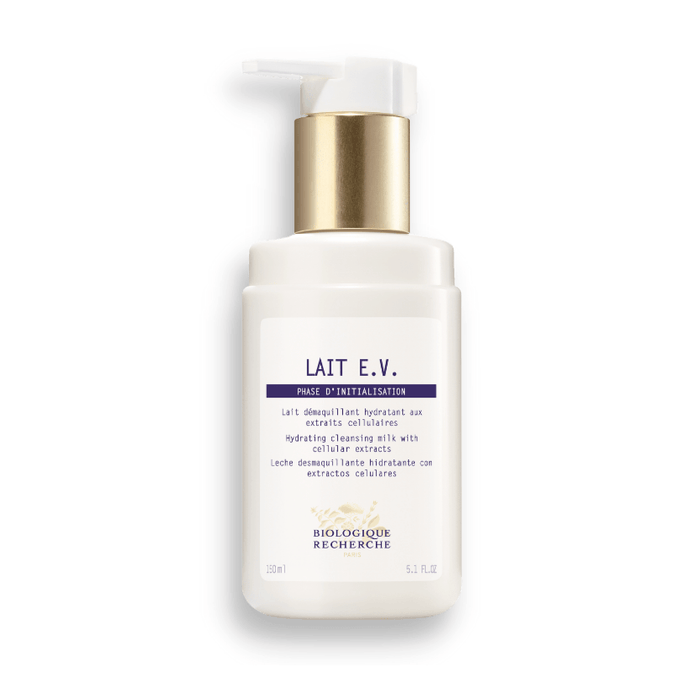 A bottle of Biologique Recherche Lait E.V. cleansing milk with moisturising and anti-ageing properties.